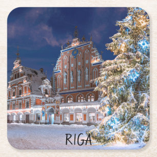 Kerstboom en Blackhead-huis op Riga Square Vierkante Kartonnen Onderzetter