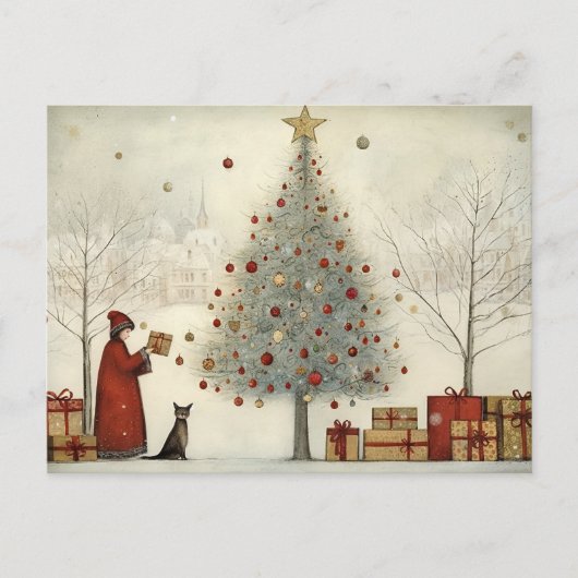 Kerstboom en een kat briefkaart (Voorkant)