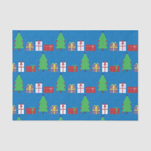 Kerstboom en Giften op Blauw Weefseldocument Tissuepapier (Voorkant)