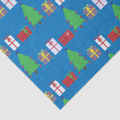 Kerstboom en Giften op Blauw Weefseldocument Tissuepapier (Detail)