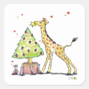 Kerstboom en giraf vierkante sticker