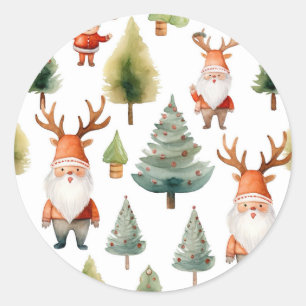 Kerstboom en kerstman in Waterverf Ronde Sticker