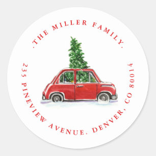 Kerstboom en klein rood autovakantietoespraak ronde sticker