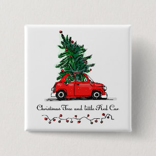 Kerstboom en kleine rode auto vierkante button 5,1 cm
