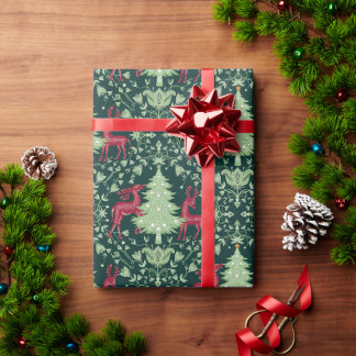 Kerstboom en rendier - Volkskunst - Groen Cadeaupapier