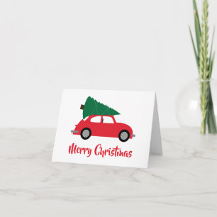 Kerstboom en rode auto in mid-century modern stijl kaart
