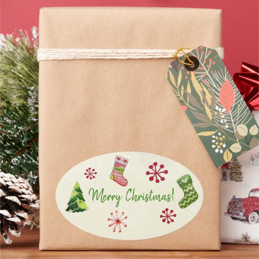 Kerstboom en Stocking Whimsey Ovale Sticker (Feestdagen)