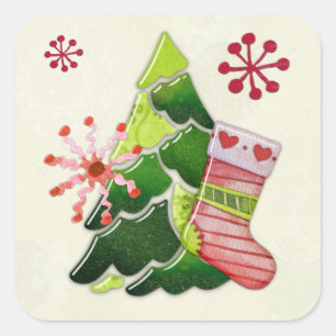 Kerstboom en Stocking Whimsey Vierkante Sticker