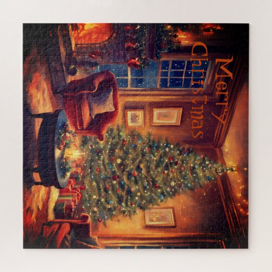 Kerstboom en warme gezellige open haard scene legpuzzel (Horizontaal)