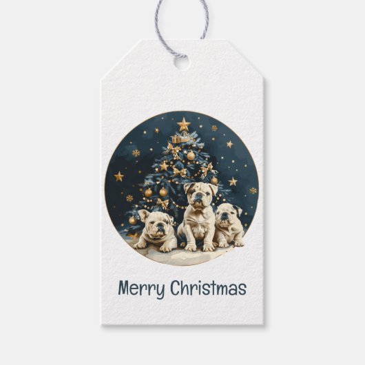 Kerstboom Engelse Bulldog Puppies Cadeaulabel (Voorkant)