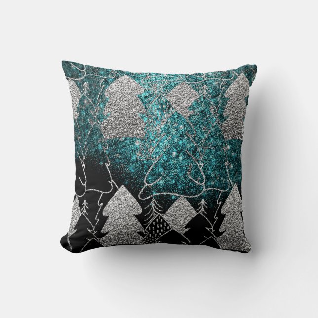 Kerstboom Fancy Glitter Ocean Blue Grey Kussen (Voorkant)
