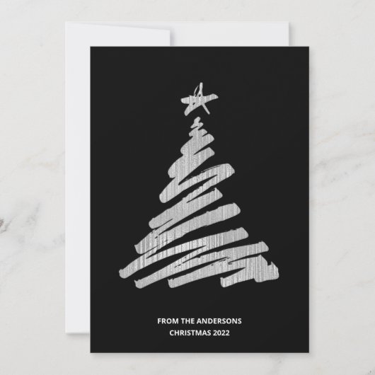 kerstboom Faux Silver Foil en Black Feestdagenkaart (Voorkant)