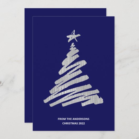kerstboom Faux Silver Foil en Blue Feestdagenkaart (Voorkant / Achterkant)