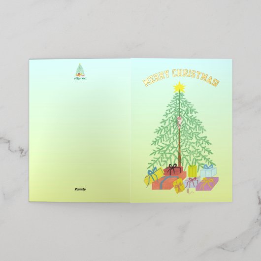 Kerstboom geel & groen folie feestdagenkaart (Buiten Laag)