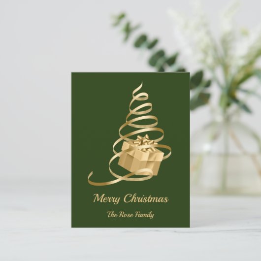Kerstboom Geschenk met Gouden Lint Feestdagenkaart (Staand voorkant)
