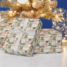 Kerstboom, geschenken en strepen inpakpapier