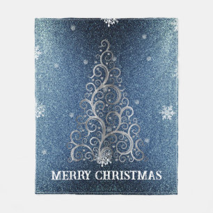 Kerstboom Glitter en Sneeuwvlokken   Blauw Fleece Deken