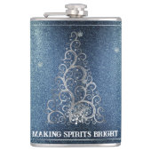 Kerstboom Glitter en Sneeuwvlokken | Blauw Heupfles (Voorkant)