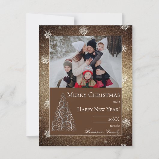 Kerstboom Glitter en Sneeuwvlokken | Goud Feestdagenkaart (Voorkant)