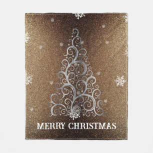 Kerstboom Glitter en Sneeuwvlokken   Goud Fleece Deken