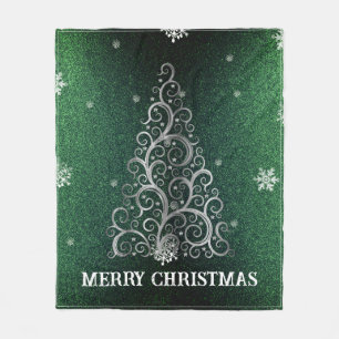 Kerstboom Glitter en Sneeuwvlokken   Groen Fleece Deken