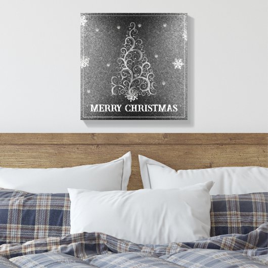 Kerstboom Glitter en Sneeuwvlokken | Zilver Canvas Afdruk (Insitu (Slaapkamer))