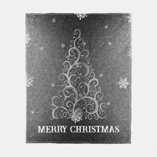 Kerstboom Glitter en Sneeuwvlokken Zilver Fleece Deken