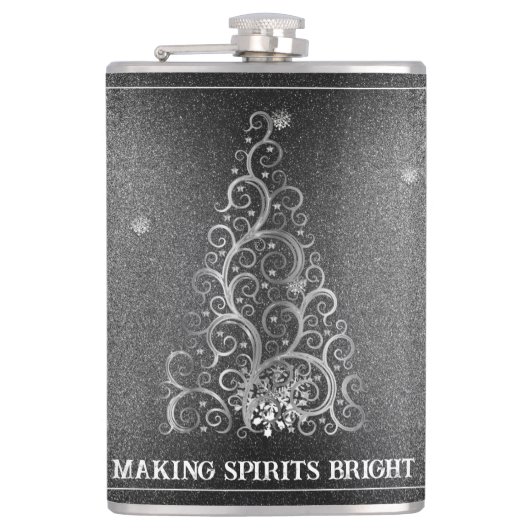 Kerstboom Glitter en Sneeuwvlokken | Zilver Heupfles (Voorkant)