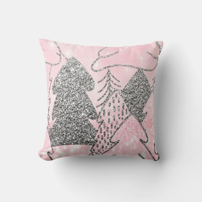 kerstboom Glitter Silver Grey Winter Roze Kussen (Voorkant)