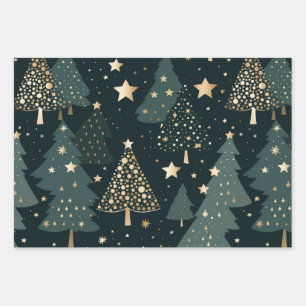 Kerstboom Goud Groen Patroon Decor Inpakpapier Vel