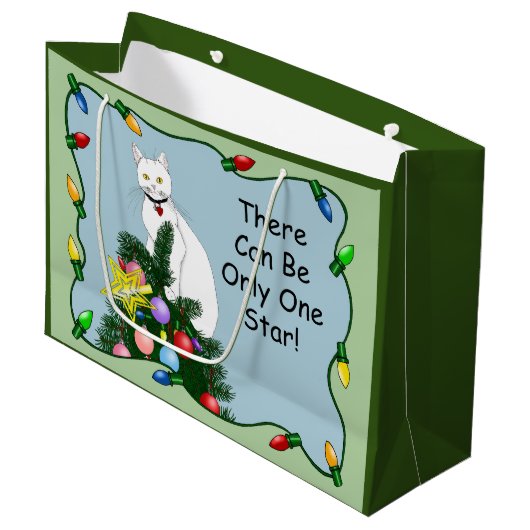 Kerstboom grappige witte kat groot cadeauzakje (Voorkant Gekanteld)