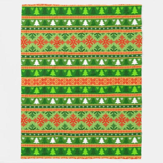 KERSTBOOM GROENE WITTE RODE ORNAMENTEN FLEECE DEKEN (Voorkant)