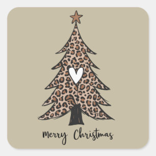 Kerstboom Hart Luipaard Cadeau Kerst Vakantie Vierkante Sticker