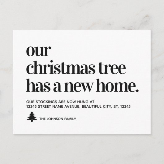 Kerstboom heeft nieuw huisadres vakantie verhuizen aankondigingskaart (Voorkant)