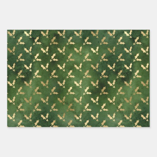 Kerstboom Holly Pattern Green Gold Inpakpapier Vel (Voorkant 2)
