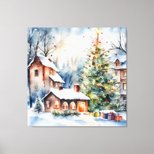 Kerstboom Kerstdorp sneeuwfoto Canvas Afdruk
