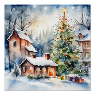 Kerstboom Kerstdorp sneeuwfoto Perfect Poster