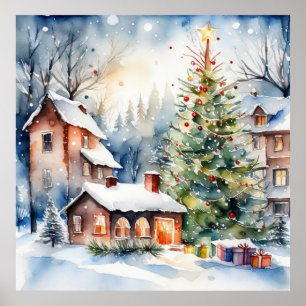 Kerstboom Kerstdorp sneeuwfoto Poster