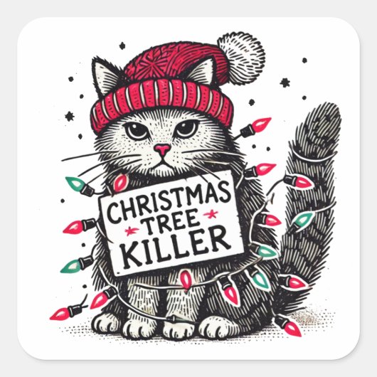 kerstboom killer cat vierkante sticker (Voorkant)