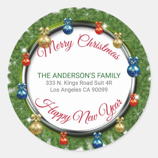 Kerstboom krans en kerstbal ronde sticker (Voorkant)