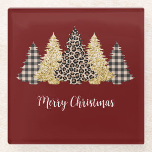 Kerstboom Luipaardprint Buffalo Plaid Glitter Glazen Onderzetter