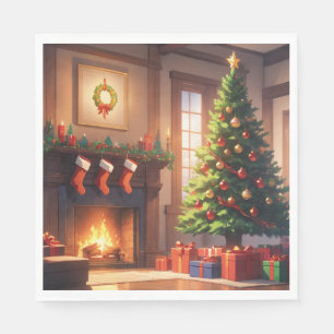 Kerstboom met cadeaus en een open haard servet