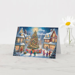 Kerstboom met cadeaus en kinderen feestelijk kaart