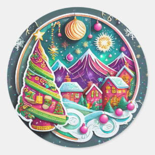 Kerstboom met dorp ronde sticker