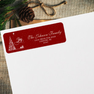 Kerstboom met feestelijke script in rood retouradr etiket