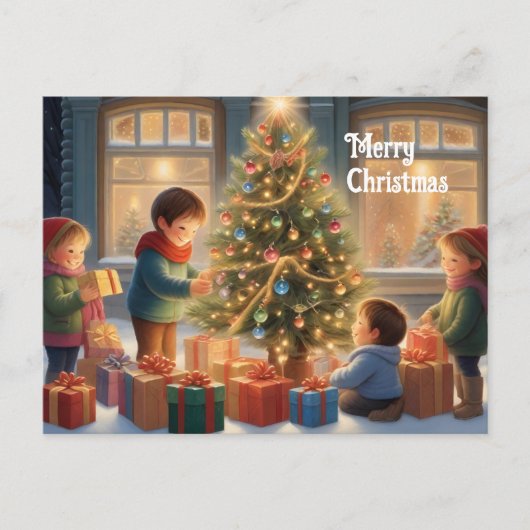 Kerstboom met geschenken en kindervreugde briefkaart (Voorkant)