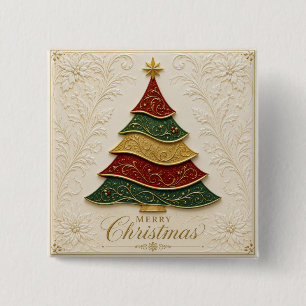 Kerstboom met gouden emaille versiering vierkante button 5,1 cm