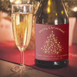 Kerstboom met gouden glitters op rode ondergrond v sparkling wijnetiket