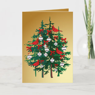 Kerstboom met honkbal en rode vogels feestdagen kaart