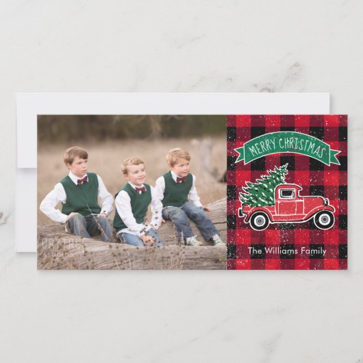 Kerstboom met Oude Truck Rode Buffalo Plaid Patroo Feestdagenkaart (Voorkant)